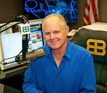 This photo provided by Rush Limbaugh shows Limbaugh in his Palm Beach, Fla. radio studio, the last week of Sept., 2009. NFL commissioner Roger Goodell says he would not tolerate divisive comments from an NFL owner like the ones the talk show host made about Donovan McNabb in 2003. And Colts owner Jim Irsay says he would vote to bar Limbaugh if he tries to buy the St. Louis Rams.
