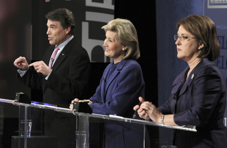 Texas GOP gubernatorial candidates Texas Gov. Rick Perry, U.S. Sen. Kay Bailey Hutchinson and Debra Medina are seen during a debate at the WFAA Channel 8 studios in downtown Dallas on Friday, Jan. 29, 2010.
