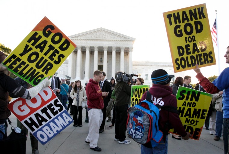 Westboro Baptist members protest outside the U.S. Supreme Court building.
