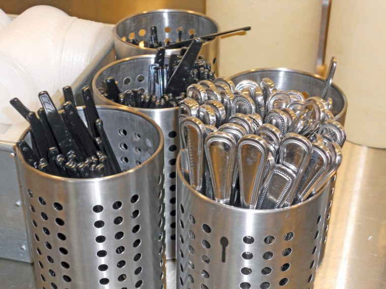 The plasticware in Ragsdale and Hunt Hall is made from corn-based plastic.
