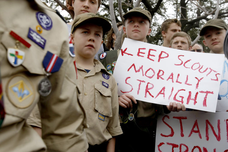 Protesters outside the Boy Scouts of America national headquarters in Irving, Texas.
