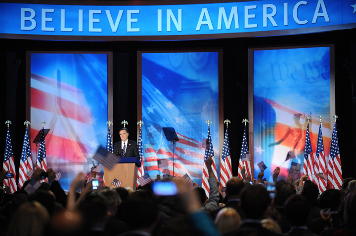 Gov. Mitt Romney delivers his concession speech at the Boston Convention Center Tuesday, November 6, 2012, in Boston, Massachusetts.
