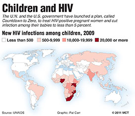 Shaded world map showing number of children infected with HIV, by country; the U.N. and the U.S. have launched a plan to cut infections among babies. 
