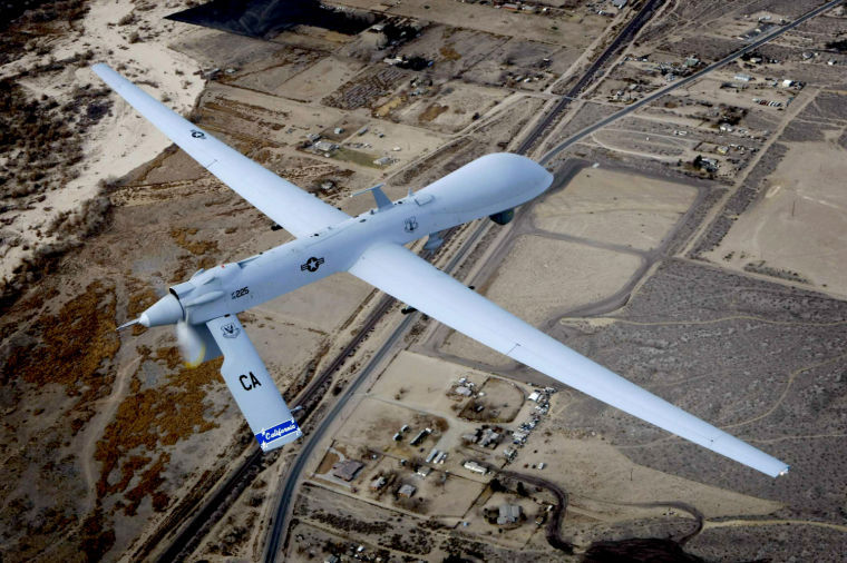 An unmanned drone flies a training mission over Victorville, California, on January 9, 2010. 
