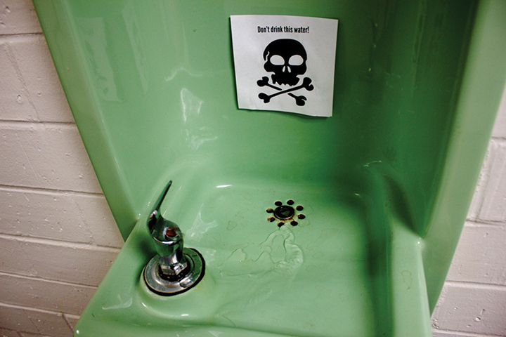 Even with confirmation from the Physical Plant that there is nothing wrong with the water, there is still a warning sign for Andre's water fountain. 