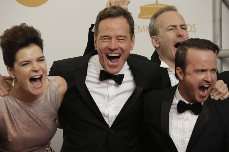 "Breaking Bad" cast members backstage the 65th Annual Primetime Emmy Awards on Sunday. 
