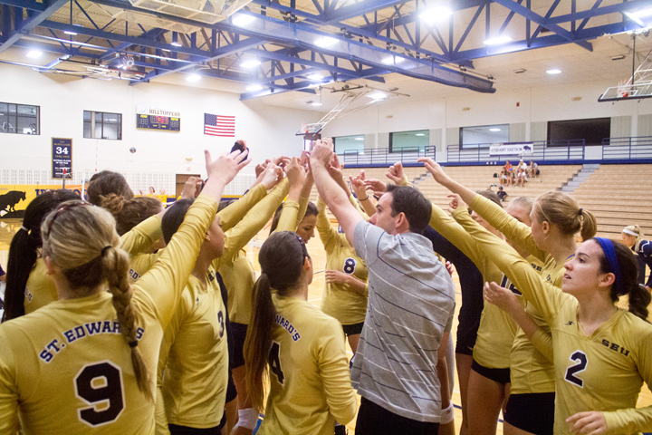 St. Edwards womens volleyball team prepares mentally before the start of any match.