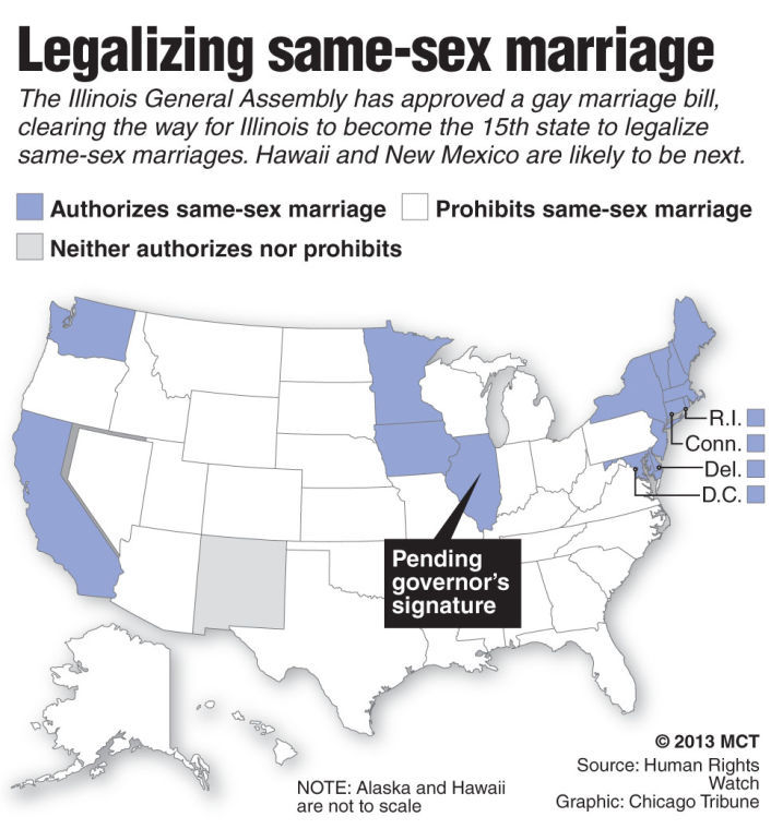 U.S. map locating the 15 states and the District of Columbia that have legalized gay marriage. The Illinois General Assembly has approved a gay marriage bill, clearing the way for Illinois to become the 15th state to legalize same-sex marriages.