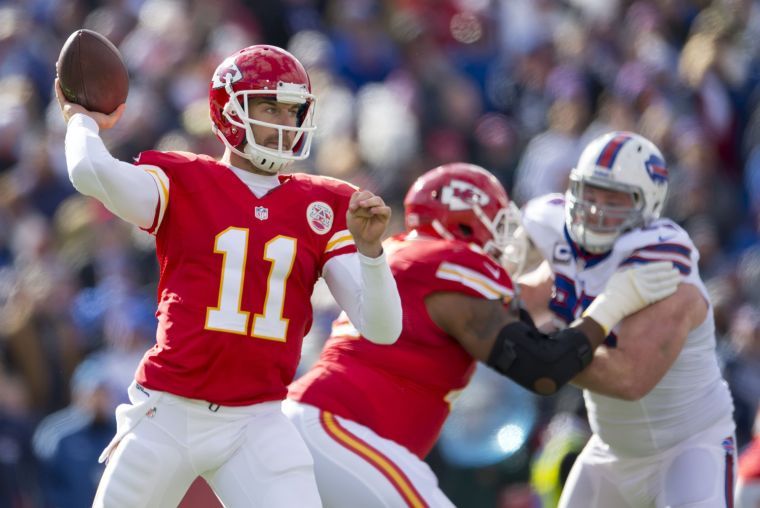 Kansas City Chiefs quarterback Alex Smith (11) throws a first-quarter pass against the Buffalo Bills at Ralph Wilson Stadium in Orchard Park, New York, on Sunday, November 3, 2103. The Chiefs defeated the Buffalo Bills, 23-13. 