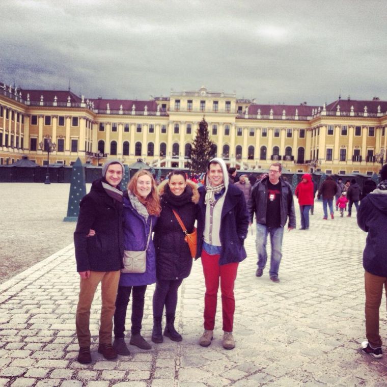 From left: Patrick Dunlap, Ashton Robison, me, and Mitch Harris in Vienna. In Patricks words, We went to a palace and looked cute and then we ate sausage stuffed with cheese.