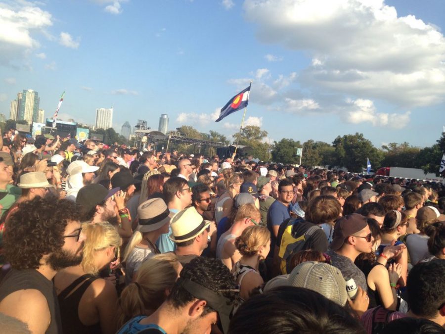 A large crowd of festival-goers gathered for St. Vincent's electric performance.