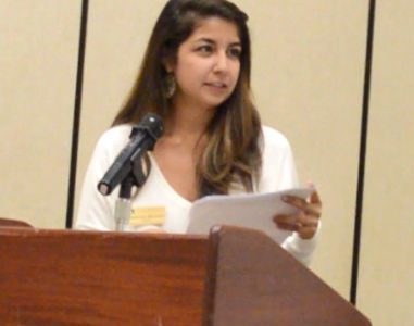 SGA President Samantha Mendoza speaks at SGA's 2014 Public Forum.