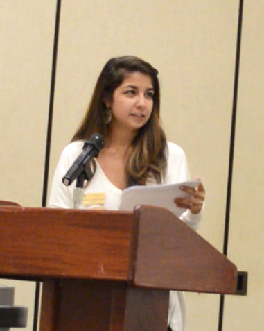 SGA President Samantha Mendoza speaks at SGAs 2014 Public Forum. 