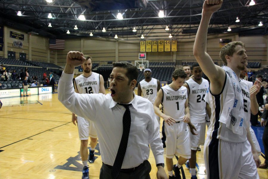 Head Coach Andre Cook and the Hilltoppers celebrate their victory over UTPB Friday night in San Antonio. 