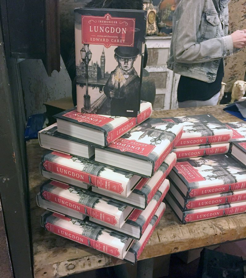 Copies of Edward Carey's "Lungdon" awaiting the author's signature at a BookPeople event in Uncommon Objects on South Congress.