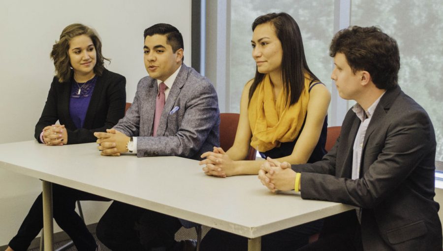 The presidential and vice presidential candidates Jamie Cardenas, left, Carlos Martinez, Anna Lopez and Ben Griffith sat down for an interview with Hilltop Views on April 6.