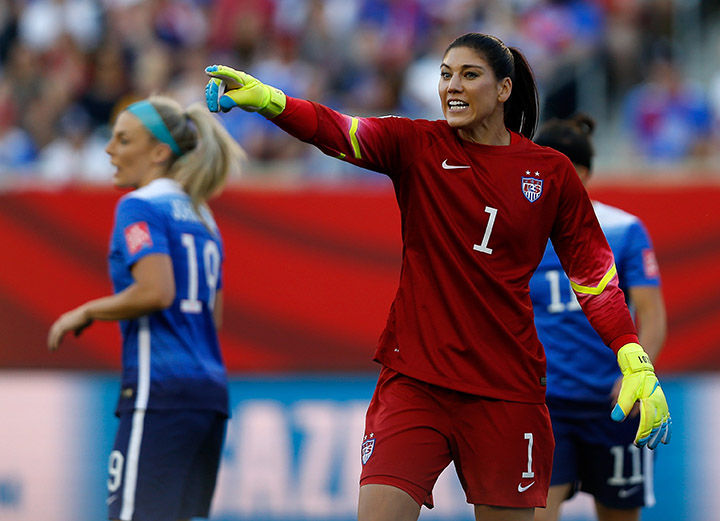 Hope Solo, goalkeeper of the United States, reacts during the World Cup Group D match against Sweden at Winnipeg Stadium in Winnipeg, Canada, on Friday, June 12, 2015. (Wang Lili/Xinhua/Sipa USA/TNS)