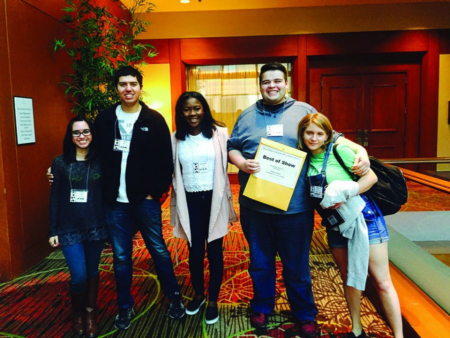 Hilltop Views editors Amanda Gonzalez, left, Jacob Rogers, Rosemond Crown, Jacob Rogers and Victoria Cavazos with their awards from TIPA.