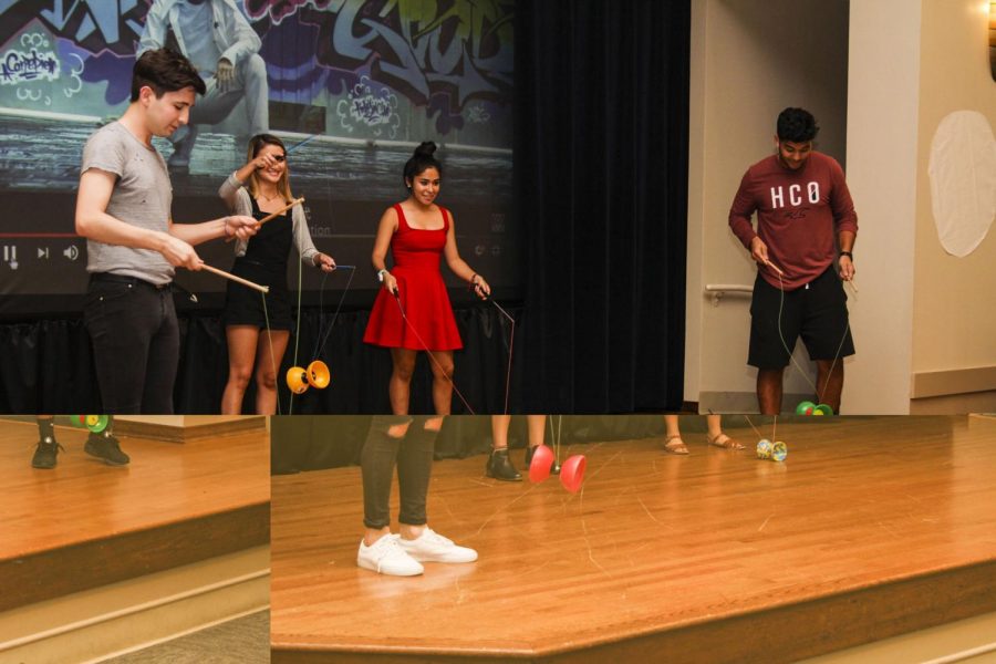 Members of Chinese classes I and III demonstrate the Chinese yo-yo and sing a song for St. Edwards University students gathered to celebrate the Chinese Moon Festival, Sept. 22, 2016.