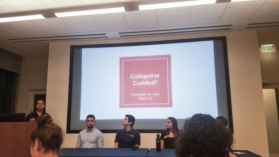 Social Justice Coordinator Carolina Avila leads panelists from the St. Edwards community in the discussion on college coddling.