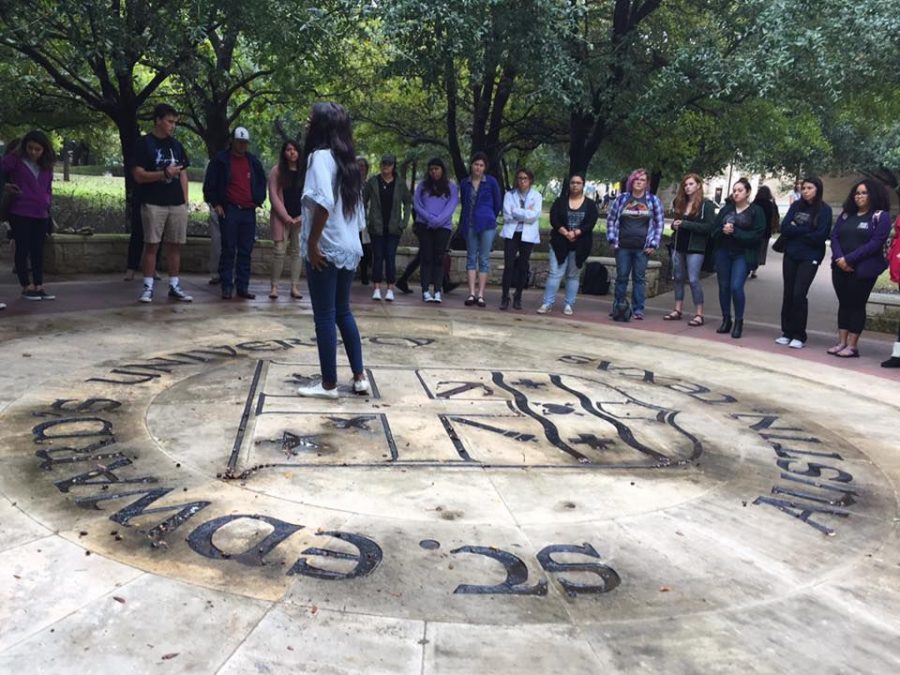 Students gathered today at the university seal to pray after a bitter presidential election came to an end with Donald Trump winning.