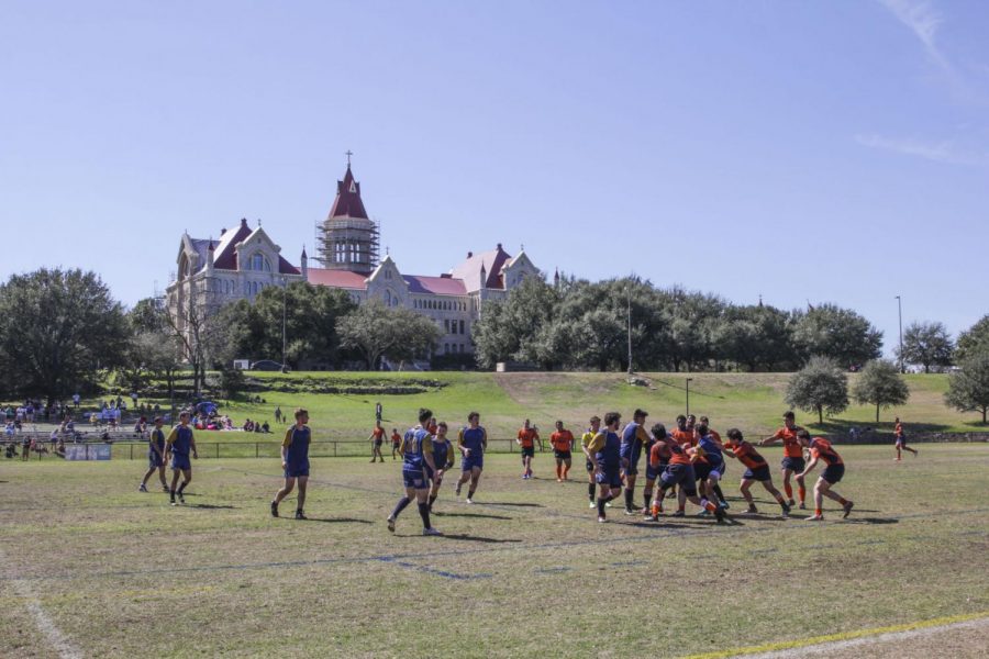 Pictured: The rugby team played on campus during Homecoming &amp; Family Weekend Feb. 18.