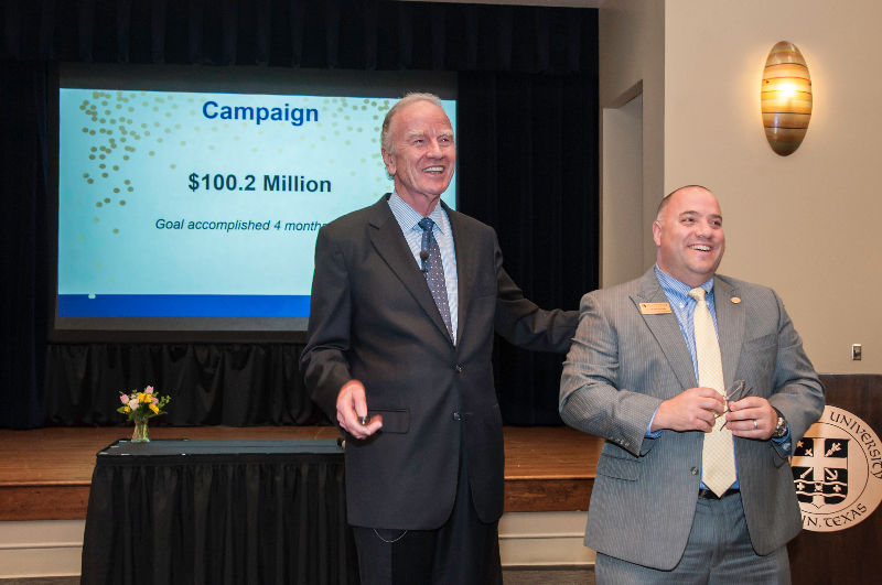 President George E. Martin and Vice President for University Advancement Joe DeMedeiros announce that St. Edward's has hit its goal of raising $100 million.