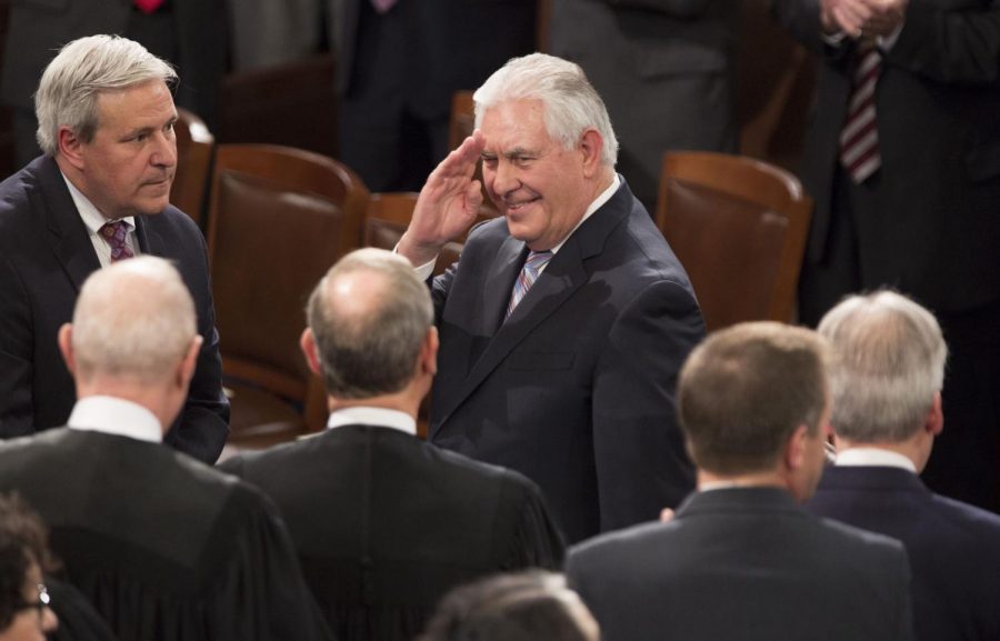 United States Secretary of State Rex Tillerson salutes members of The Supreme Court as he arrives to listen to U.S. President Donald J. Trump address a joint session of Congress on Capitol Hill on February 28, 2017 in Washington, DC. (Chris Kleponis/CNP/Sipa USA/TNS)