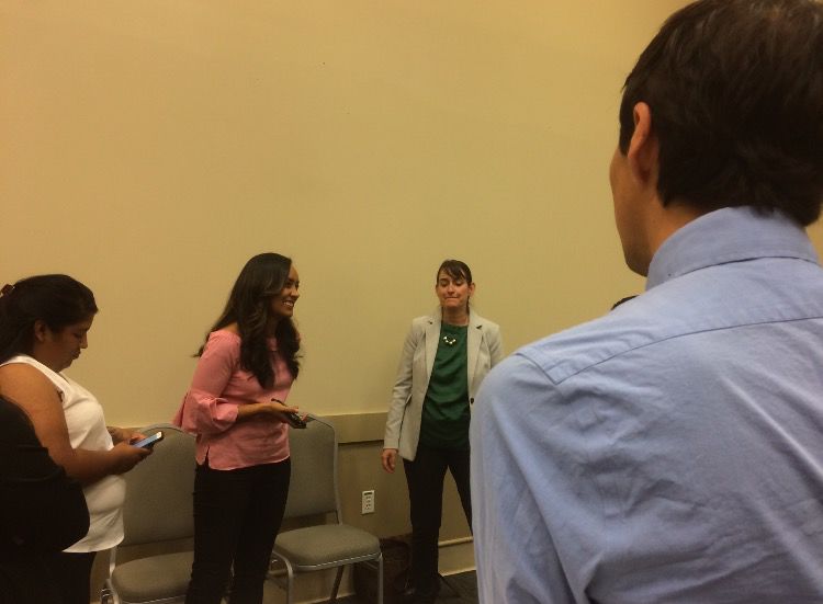 Erika Andiola speaks with the St. Edwards community at a meet and greet.