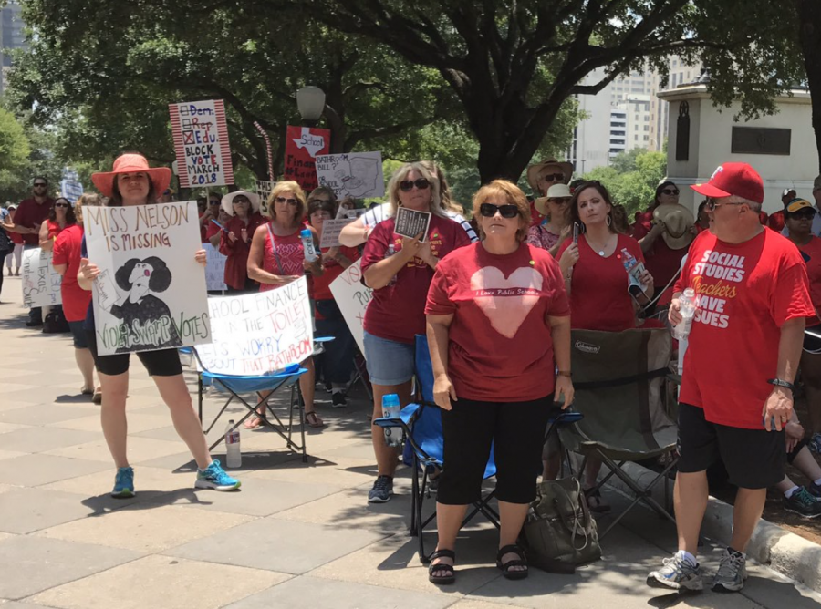 Public school educators protesting in opposition of vouchers, the "bathroom bill," and Texas Lt. Gov. Dan Patrick's statements on school finance at the Texas State Capitol July 17.