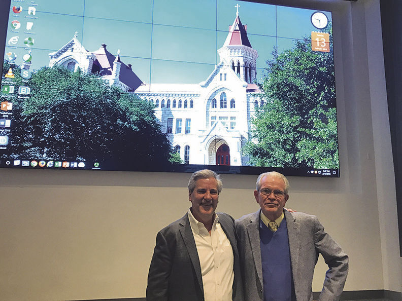 Attorney Steve Shadowen and philosophy professor William Zanardi in Jones Auditorium on Feb. 13. 