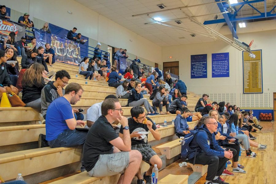 Students gather in the RCC after being evacuated from the flooded Pavilions.