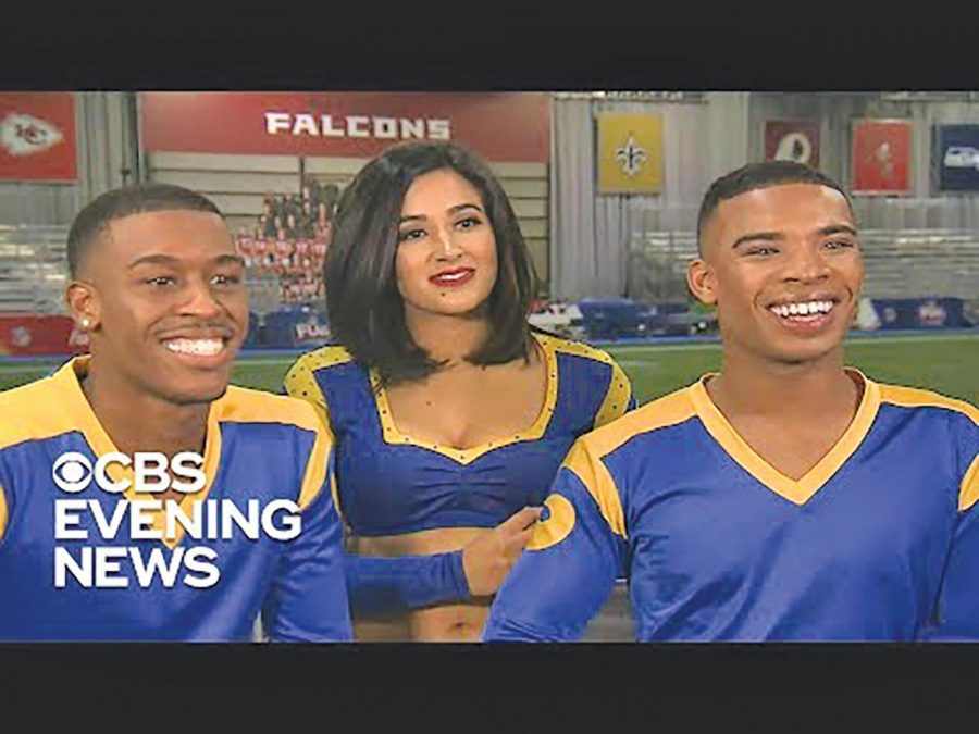 Quinton Peron (left) and Napoleon Jinnies (right) of the LA Rams were the first NFL male cheerleaders to perform at a Super Bowl.