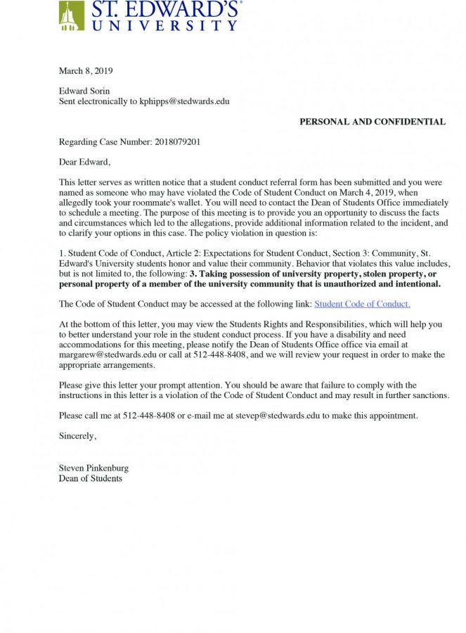This letter is a model form of the one sent to the charged student. Conduct investigations handled by the Dean of Students all begin with a letter like this one