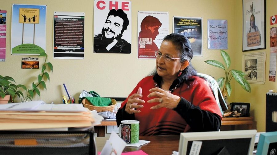 Almanza, the leader of PODER, sits in her East Austin office. Almanza has been an environmental activist for over 20 years.