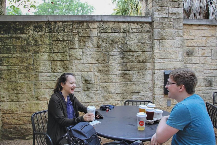 St. Edwards students Victoria Applewhite and Brian Mack enjoy each others company over a cup of Jos coffee.