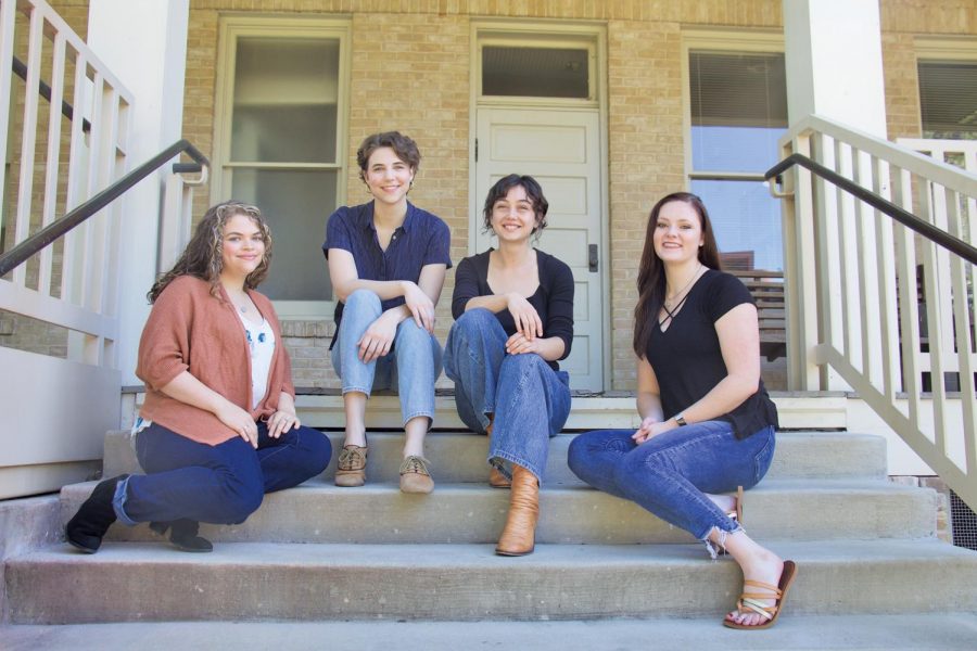 Kendra Felmly (left), Corinne Bates, Sydney Chandler and Kali Ridley pose together on the steps of Sorin Hall. Their Oxford and New York courses begin this summer. 