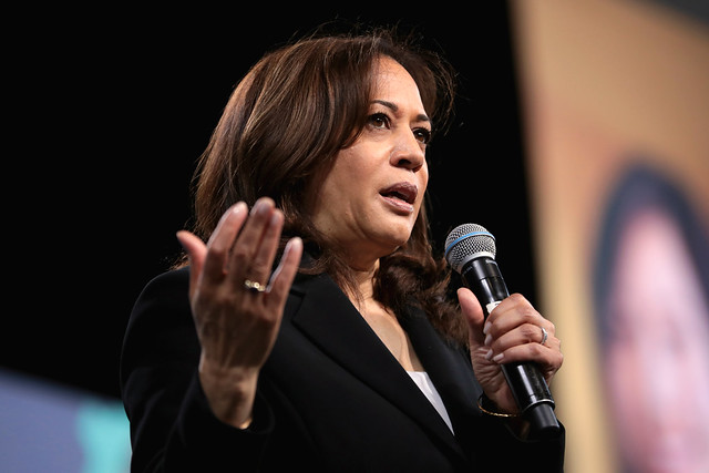 Kamala Harris speaks at the 2019 National Forum on Wages and Working People in April 2019. At the debate, Harris challenged Former Vice President Joe Biden on his previous work with segregationist politicians.