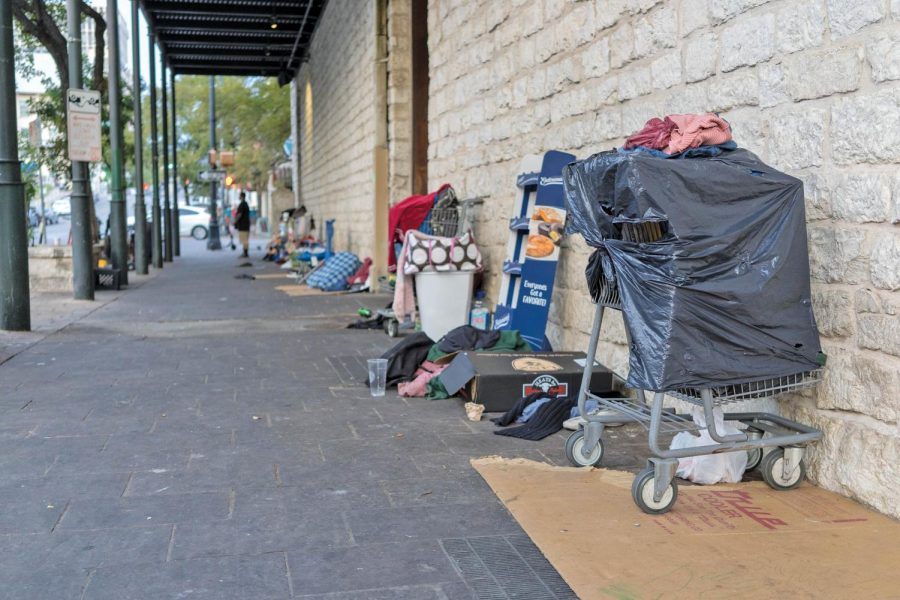 Many+homeless+encampments%2C+such+as+this+one+on+Trinity+and+6th+Street%2C+are+located+in+Downtown+Austin.+The+city%E2%80%99s+homeless+population+has+grown+28.2%25+from+2013+to+2018.