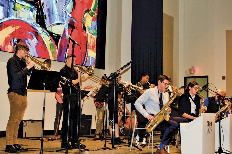 The Steady Jazz ensemble performs under the direction of professor Joey Colarusso. “This is my 13th year as director of Steady. I love working with these students. The people in this group are just magical and it’s a lot of fun,” Colarusso says.