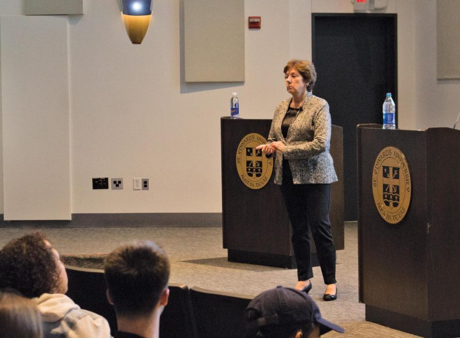 Eder speaks to students about her theory of an “information apocalypse” as it relates to how news is spread. The event was held in Jones Auditorium in Ragsdale Center.