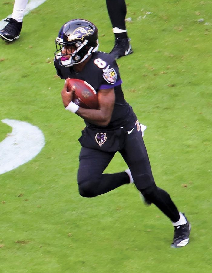 Baltimore+Ravens+quarterback+Lamar+Jackson+has+taken+a+massive+leap+in+his+second+year+in+the+NFL.+He+has+led+the+Ravens+to+an+impressive+8-2+record+and+is+the+front-runner+for+league+MVP.