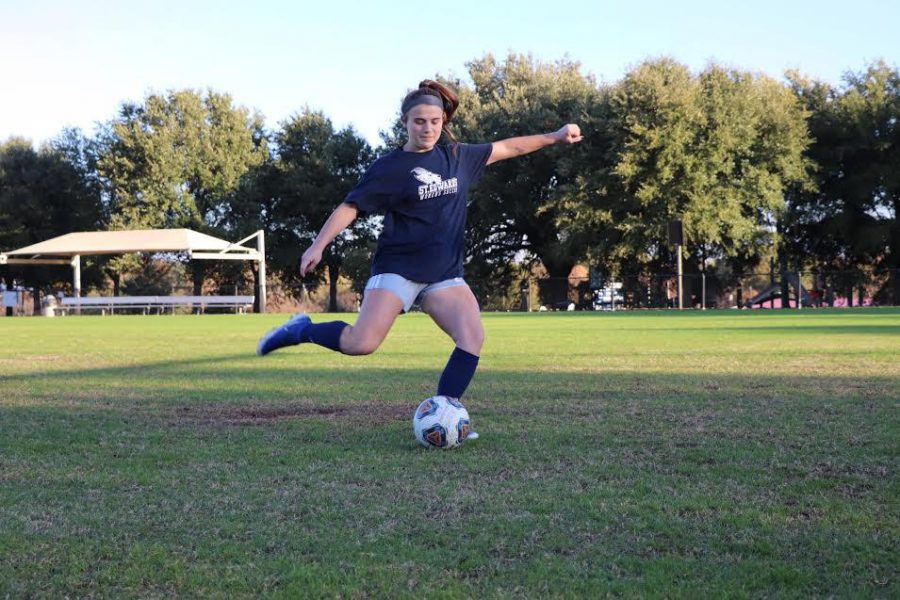 Sophomore forward Sarah Gunderson does some kicking drills during a morning practice. Gunderson earned LSC All-Tournament Honors and Raising Cane's Player of the Week to wrap up a great season.