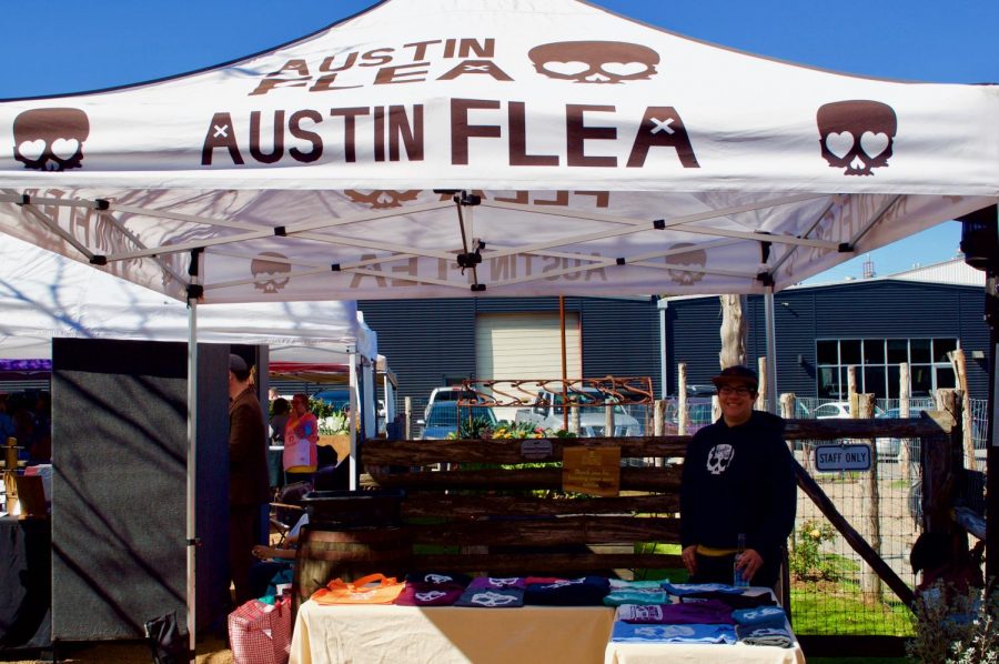 Garcia, an Austin Flea employee, is seen selling T-shirts. “Everything here is unique. Jewelry tends to have the most people creating and selling, so we try to balance it out by also including organic soaps, clothing, food, original designs, and even CBD joints. We really feature a little bit of everything,” Garcia said. 