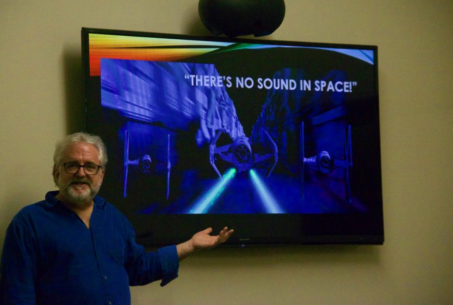 Professor+Bryant+shared+his+love+of+science+fiction+with+the+audience+at+the+first+SciPops+event+of+the+semester.+The+event+took+place+at+Munday+Library+on+Feb+5.