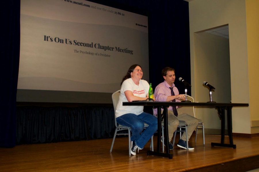 Professor of psychology, Delia Paskos, and associate professor of social work Adam McCormick answer students questions on a panel at the second It's On Us chapter meeting, which addressed topics such as the psychology of a predator. 