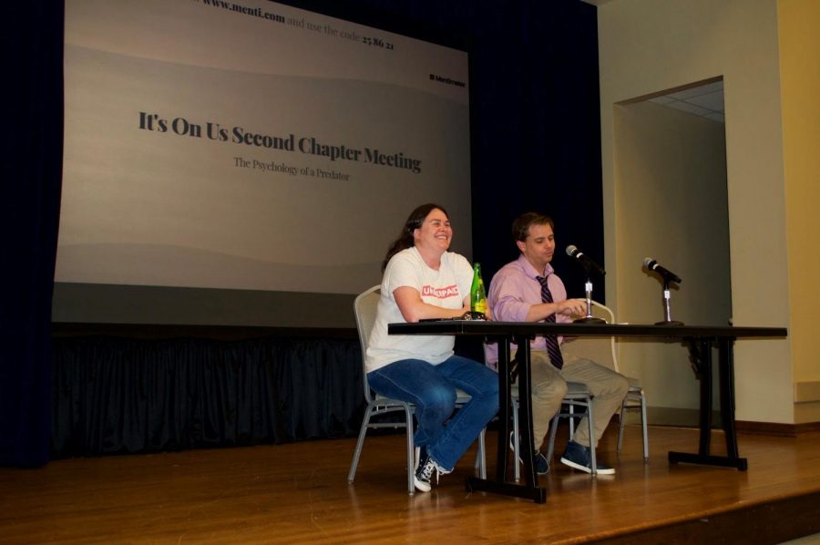 Professor of psychology, Delia Paskos, and associate professor of social work Adam McCormick answer students questions on a panel at the second Its On Us chapter meeting, which addressed topics such as the psychology of a predator. 