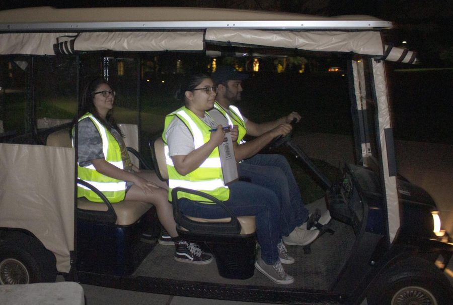 SafeWalkSEU offers rides to students from 8:30 p.m. to 12:30 a.m. Pictured are SafeWalk volunteers (l-r) Jazel Pineda, Denise Mares and Dylan Desai arriving at a pickup site.