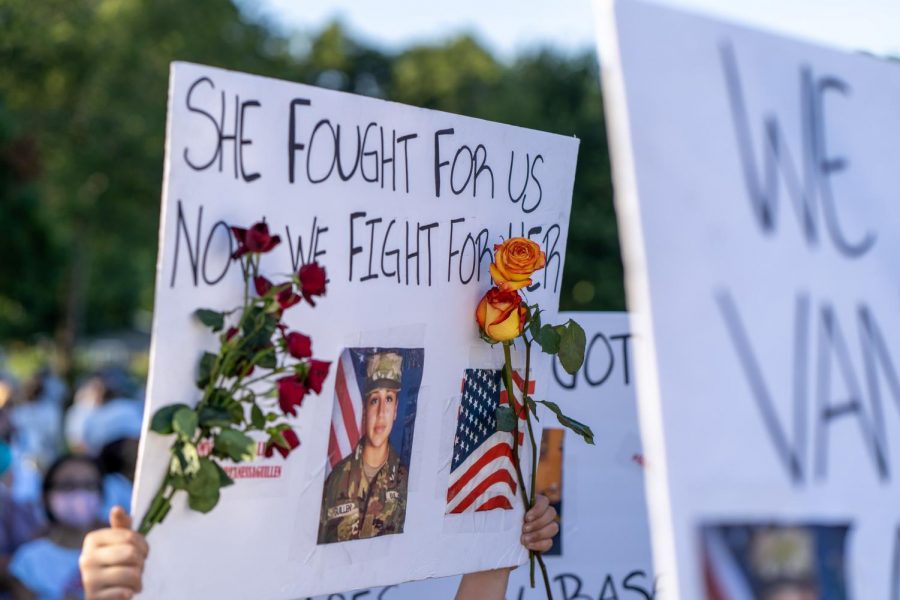 Protestors+gathered+outside+the+state+capitol+in+a+march+for+justice.+Family+and+friends+of+Vanessa+Guillen+push+for+reform+in+the+military.