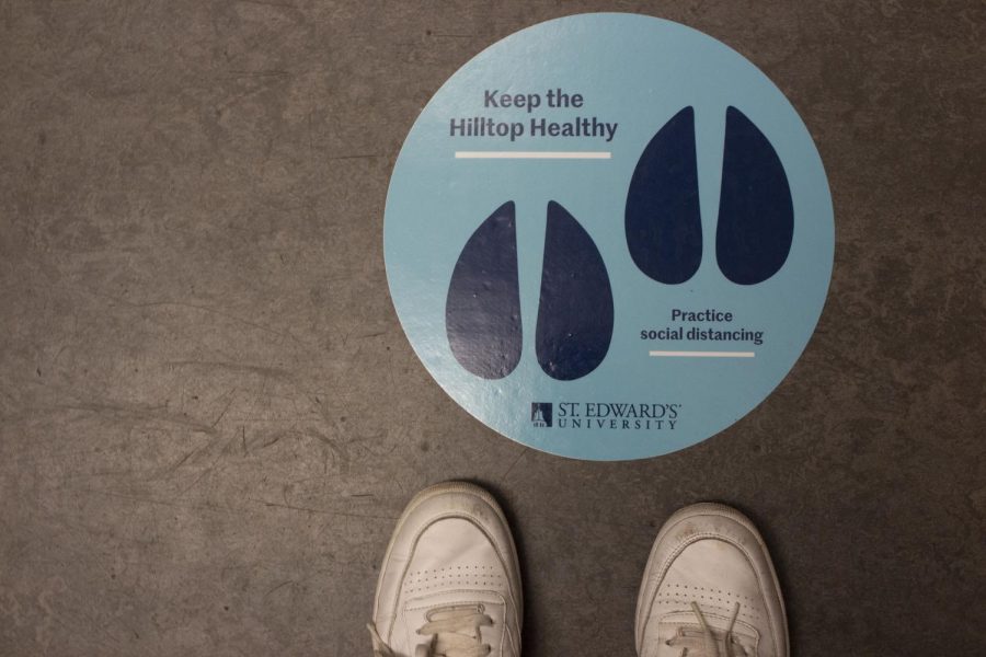 St. Edwards has implemented multiple stickers in elevators and buildings to promote social distancing. Other measures like required face masks, have been set in place.